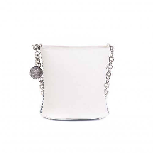A white purse with silver chain and a coin charm.