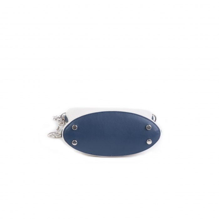 A blue and white oval shaped object with a silver chain.
