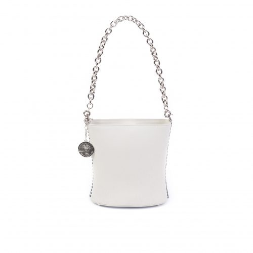 A white bucket bag with chain handle and silver hardware.