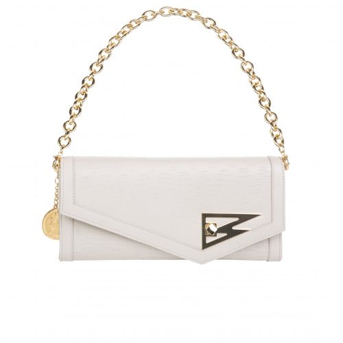 A white purse with gold chain and a metal logo.