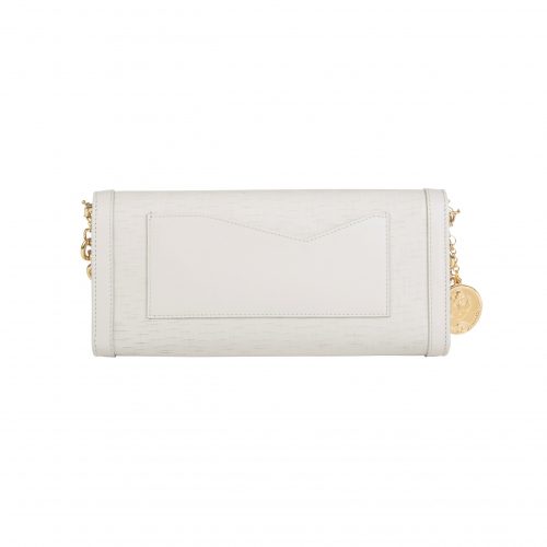 A white purse with a gold chain strap.