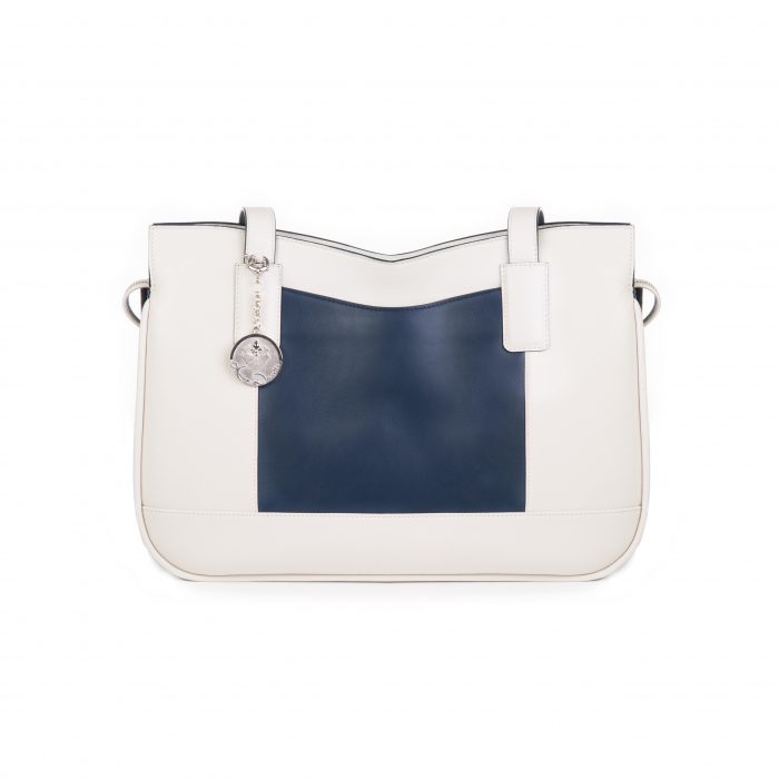 A white purse with blue accents on the front.