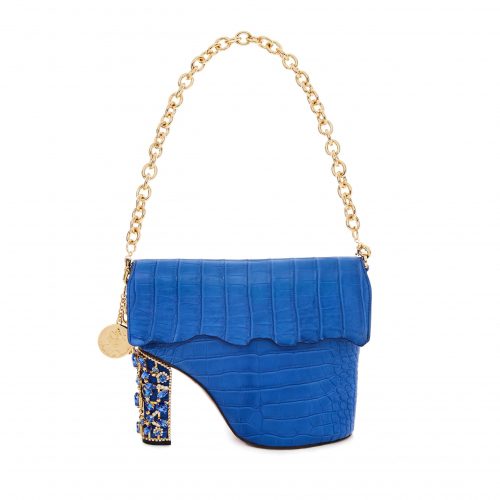 A blue purse with a heel and chain strap.