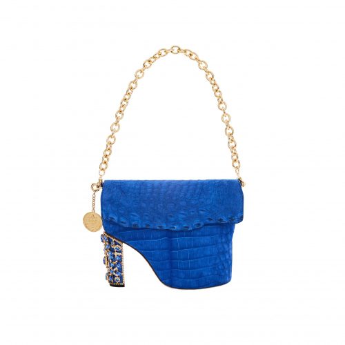 A blue purse with gold chain and a heel.