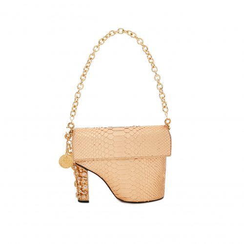 A beige purse with a chain strap and a heel.