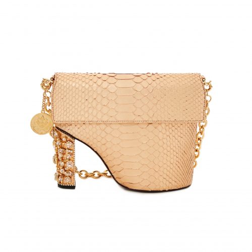 A beige purse with a chain strap and a gold heel.