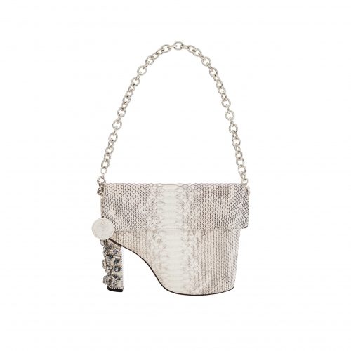 A white purse with a heel and chain strap.