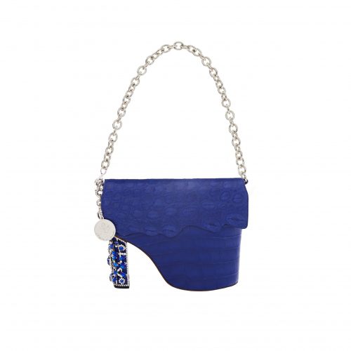 A blue purse with a chain strap and a silver handle.