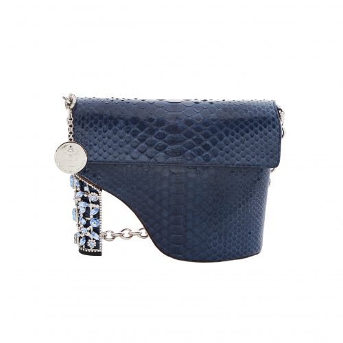 A blue purse with a chain handle and a heel.