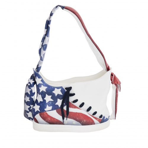 A white purse with an american flag design.