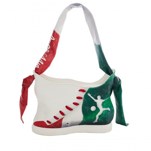 A bag with a baseball and soccer ball on it.