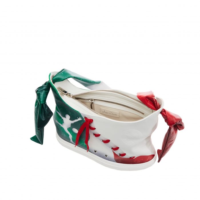 A white bag with red and green laces.