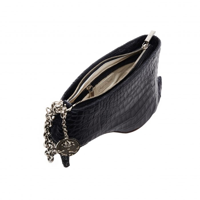 A black purse with a chain strap and a silver clasp.