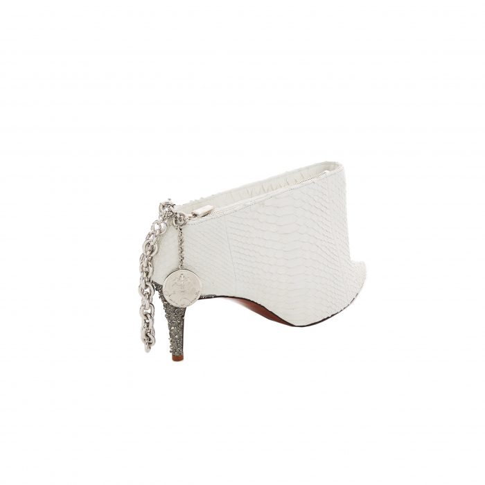 A white key chain with a pair of high heels.
