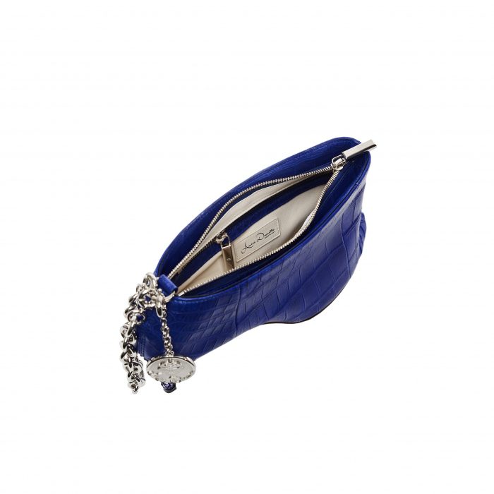 A blue purse with a silver chain hanging from the side.