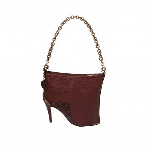 A brown purse with a heel and chain handle.