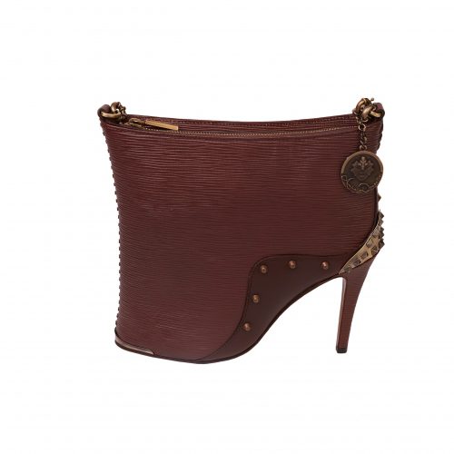 A brown purse with a high heel shoe on it.
